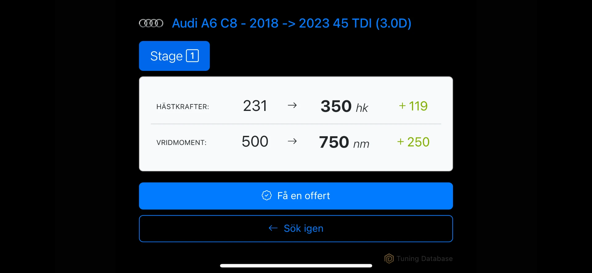 Exempel på steg 1-optimering av Audi A6 45 TDI — 231 till 350 hk och 500 till 750 Nm